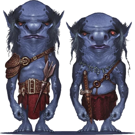 Two blue pug-nosed goblin-like creatures