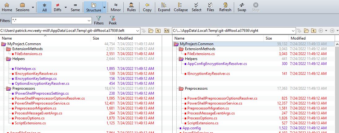 DiffTool showing side-by-side list of file details in "MyProject.Common" folder which are highlighted in different colors to show the kind of difference between them