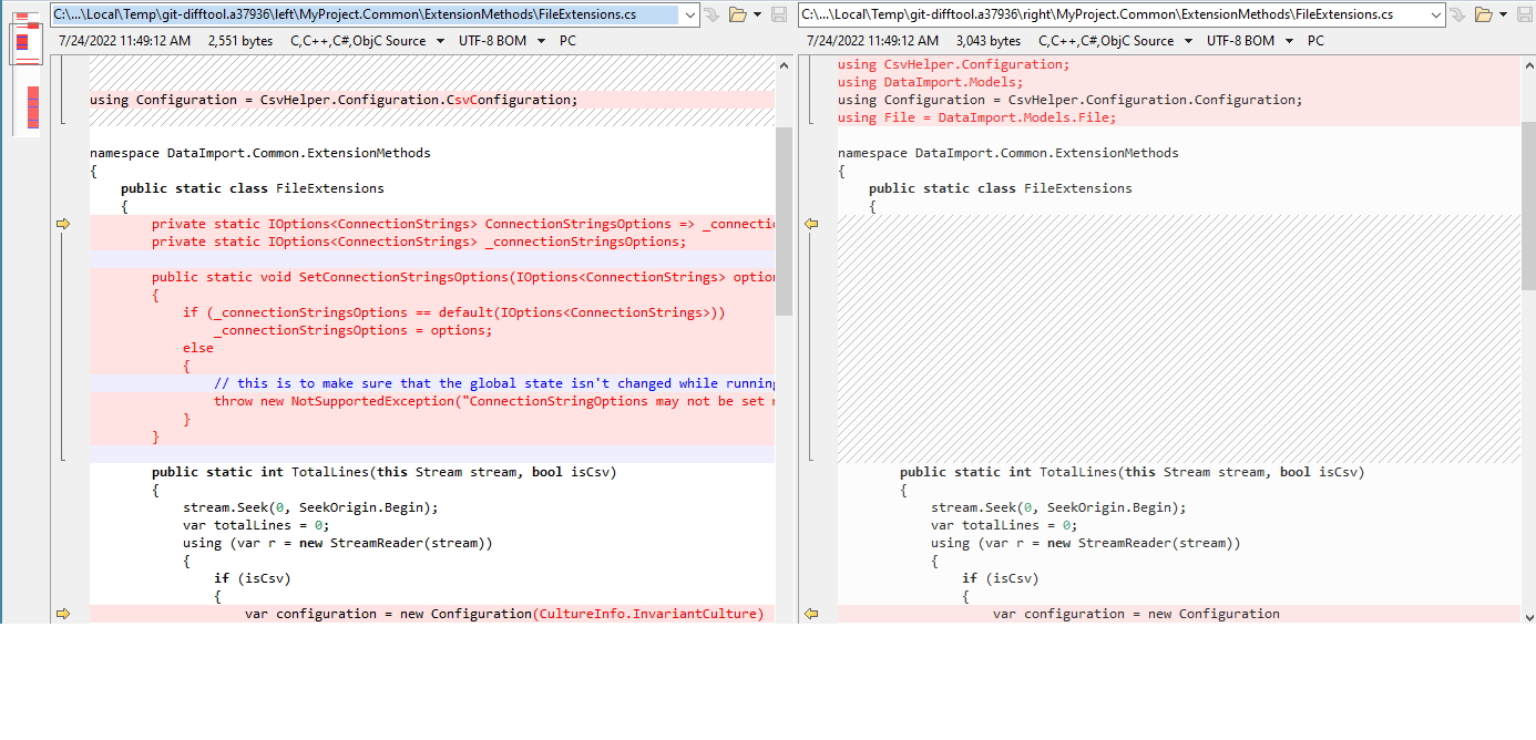 Diff tool showing changes in a file side-by-side with different rows highlighted