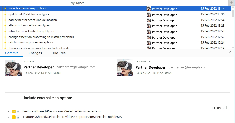 Git GUI tools showing list of commits in a tree format with date, message, and author